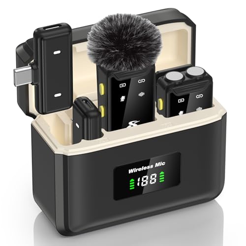 PQRQP Wireless Microphone for iPhone, iPad and Android(Lightning/USB C), Dual Microphones 20 H Battery Life, Mini Microphone, Cordless Double Mics for Video Recording, YouTube, TikTok, 164FT