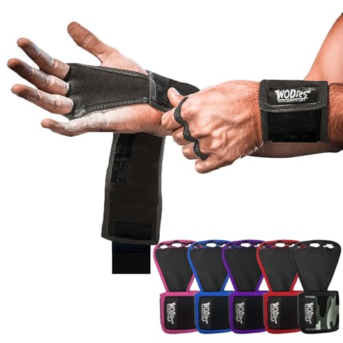 JerkFit WODies 3 Hole Gymnastics Grips with Wrist Support - Hand Grips, Latex Free Elastic Crossfit Grips for Weightlifting, Cross Training - Palm Protection Pull Up Grips for Men and Women (Large)