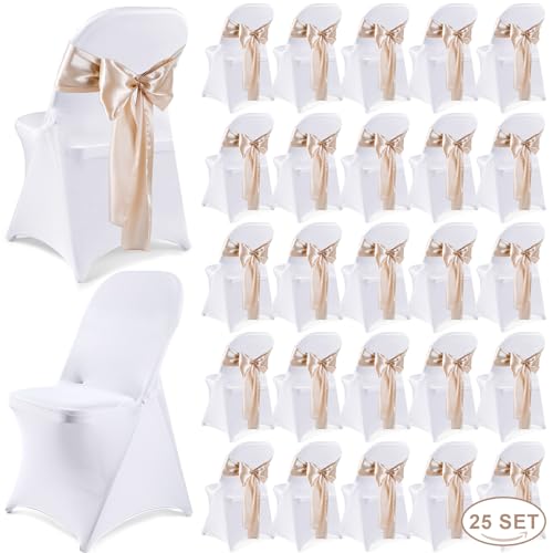 Lounsweer 50 Pcs Folding Chair Cover Set with 25 Stretch Spandex Slipcovers 25 Satin Chair Sashes Bows Ribbon Washable Banquet Protector for Wedding Event Party(White, Light Champagne)