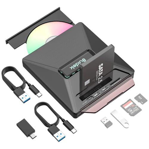 SUIDEK CD DVD Drive External, Portable CD DVD Driver +/-RW Burner with 2.5" SATA,SD Card Reader and USB A Type C 2.0 Hub Compatible with Laptop PC