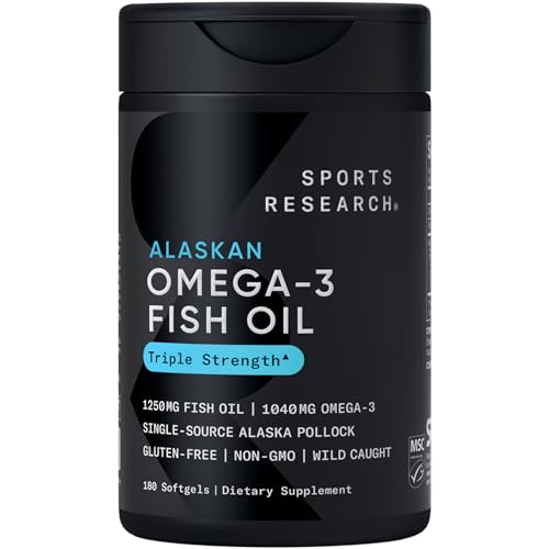 Sports Research Triple Strength Omega 3 Fish Oil - Burpless Fish Oil Supplement w/EPA & DHA Fatty Acids from Single-Source Wild Alaskan Pollock - 1250 mg, 180 ct