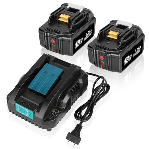 KUNLUN 2Pack 18V 5.0Ah Batteries for Makita 18V Battery and DC18RC Charger Combo, Compatible for Makita 18 Volt LXT Li-ion Battery BL1860 BL1850 BL1840 BL1830 BL1820 BL1815 Cordless Power Tools