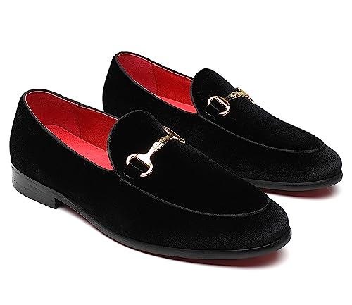 Erphpre Paul Loafers for Men Velvet Dress Shoes of Fashion Gold Buckle Smoking Penny Wedding Party Shoes Black US 9.5