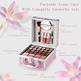 Color Nymph Beginner Makeup Kit For Teens With The Small Cosmetic Train Case Included 24-Colors Eyeshadow Palette Blushes Bronzer Highlighter Lipstick Brushes Mirror(Pink)