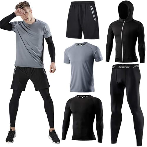 Men's Sports Running Set (Pack of 5) Athletic Shirt+Short/Compression Shirt+Pants with Coat Tracksuit Gym Suits Grey 04 XL