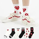 kikiya socks Women Cute Crew | 6 Pairs Red Heart Print Black White Color Cute Designer Graphic Novelty Tube Patterned Funny Daily Trouser Boot Cotton Socks | Womens Ladies Girls Gift | Heart A