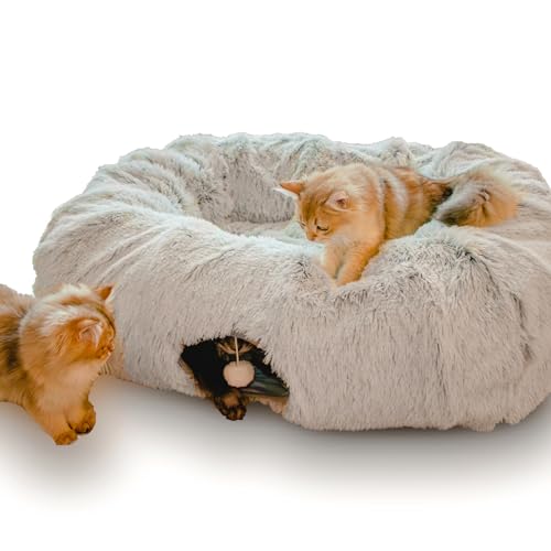 XxingSheep Extra Large Cat Tunnel Bed for Indoor Cats Peekaboo Cat Cave Donut with Center Mat