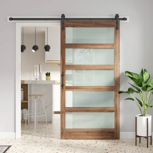 FREDBECK 42 x 84 inch Glass Barn Door with 7FT Barn Door Hardware Kit Included,5-Panel Frosted Glass, Water-Proof Surface,Pre-Drilled Holes,Need Assembly,Fit 38in-41in Opening