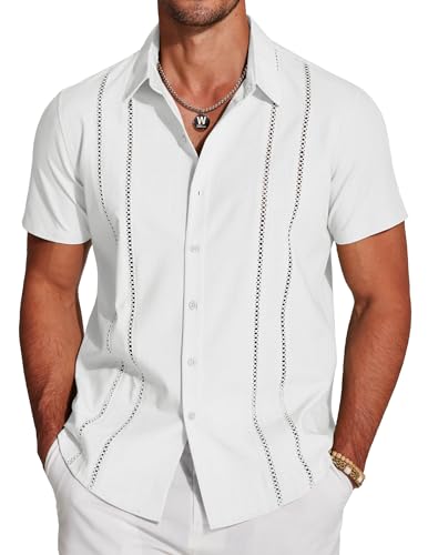 COOFANDY Mens Linen Shirts Short Sleeve Casual Button Up Shirts Loose Fit Beach Summer Shirts A-White