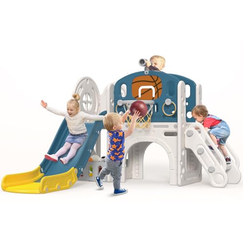 BIERUM 9 in 1 Toddler Slide, Kid Slide for Toddlers Age 1-3 with Ring Toss, Basketball Hoop, and Telescope, Indoor Outdoor Playset Playground Blue Yellow