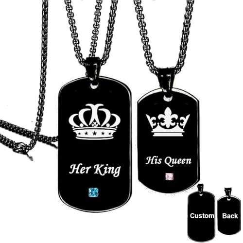 Customize Dog Tag ID Couple Necklace Crown Her King His Queen Pendant Birthday Gift for Men and Women Matching Jewelry Personalized Memorial Couples Pendant Titanium Stainless Steel Black Box Chain