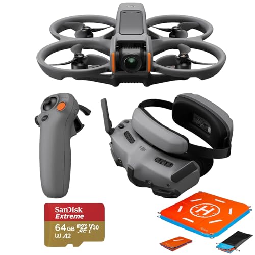 DJI Avata 2 Fly More Combo (1 Battery), FPV Drone with Camera 4K, Built-in Propeller Guard, Easy Flip/Roll, Goggles 3 and RC Motion 3 Included, POV Content Camera Drone, Black + SD Card & Landing pad