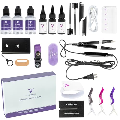 V Light Hair Extensions Kit V-Light Extension Machine V-Light Extension Remover Machine .V-Light Glue 20g * 3 v Light Glue Remover Solution 20ml * 3 (Black Machine Set)