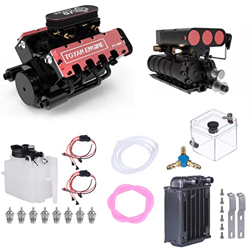 Helixsun V8 Engine Model That Works,TOYAN × HOWIN FS-V800 1/10 Scale Miniature Simulation DIY Assembly V8 Engine x1+Mechanical Supercharger x1+Starter Ignition and Water Cooling Kit