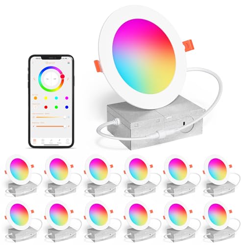 SikSog Smart Recessed Lighting 4 Inch RGBCW Color Changing 12W LED Downlight with Junction Box,1080 Lumen Recessed Ceiling Light Compatible with Alexa,Dimmable by Bluetooth Control -12Pack