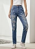 EVALESS Ripped Jeans for Women Boyfriend Distressed Patchwork Print Democracy Mom Jeans 2025 Fashion Wide Leg Losse Baggy Racing Denim Pants with Hole Blue Medium