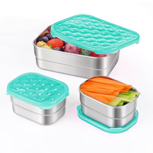 Tanjiae Stainless Steel Lunch Containers for Kids | Leak Proof Food Grade Snack Containers with Silicone Lids - Perfect Metal Food Containers with Lids for Kids School and Toddler Daycare (25oz+8oz*2)