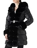 RISISSIDA Puffer Jacket Women Winter Down Faux Fur Lined Puffy Coat with Long Collar Hood, Thicken Quilted Warm Leather Bubble Overcoat Black X-L