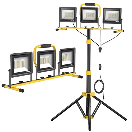 Upgraded LED Work Lights with Stand, 21000 Lumen, 3-Head Adjustable Work Light, Waterproof Foldable Tripod, Extended Cord for Outdoor & Indoor Job Sites, Workshops, Construction, Garage Lighting