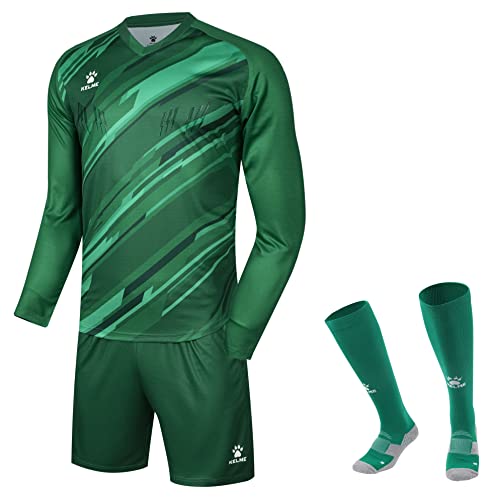 KELME Soccer Goalkeeper Jersey Pro Set Uniform - Padded Goalkeeper Shirt Shorts Socks - Men's Goalie Jersey Adults Kids (Green, Kids 12)