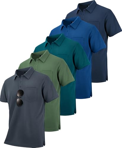 ZITY 5 Pack Polo Shirts for Men with Pocket Dry Quickly Short Sleeve Athletic Outdoor Work Collared Shirts 3XL