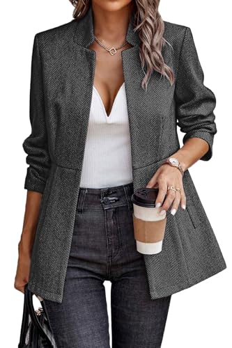 ELLEVEN Blazers for Women Business Casual Open Front Suit Jacket Herringbone Long Sleeve Stand Collar Work Blazer for Office with Full Lining and Padded Shoulders Black Medium