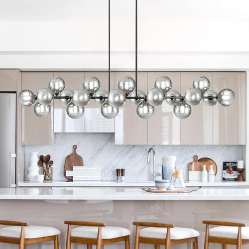 Lzawvm Linear Chandelier 22 Light Large Globe Sputnik Pendant Light for Dining Room Kitchen Island Farmhouse Diameter 70 Inch (Smoke Gray Lampshade)