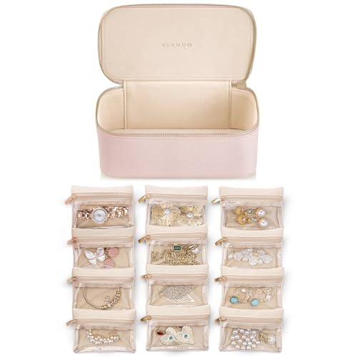Vlando Jewelry Box Organzier for Travel,Graduation Gifts for Daughter,Jewelry Case with 12 Pcs Velvet Jewelry Bags for Earrings Necklace Rings,Valentine's Day,Birthday, Wedding Gift for Wome-Pink