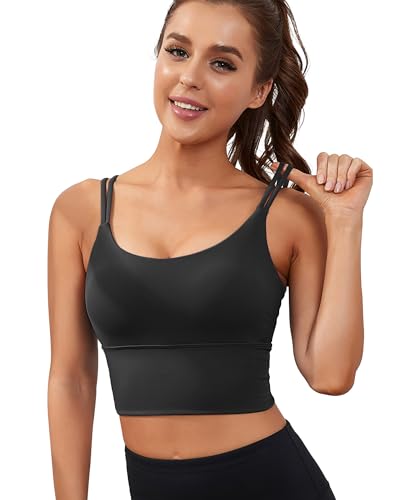 Everrysea Sports Bras for Women High Support Longline Workout Tank Tops Built in Bra Strappy Yoga Padded Crop Top Black