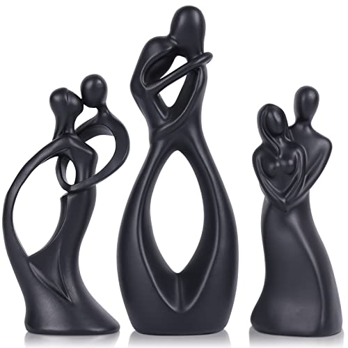Modern hugs Couple Statues Romantic Couple 3 -Piece Set Small Sculptures Anniversary Day Home Desktop Decoration Wedding Gifts (Romantic 3-Piece Set - Black)