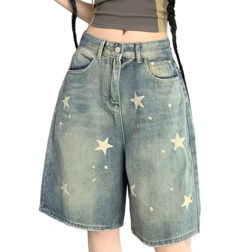 RILGOU Y2K Gothic Aesthetic Vintage Casual High Rise Wide Leg Loose Distressed Cute Star Print Jean Bermuda Shorts M Blue