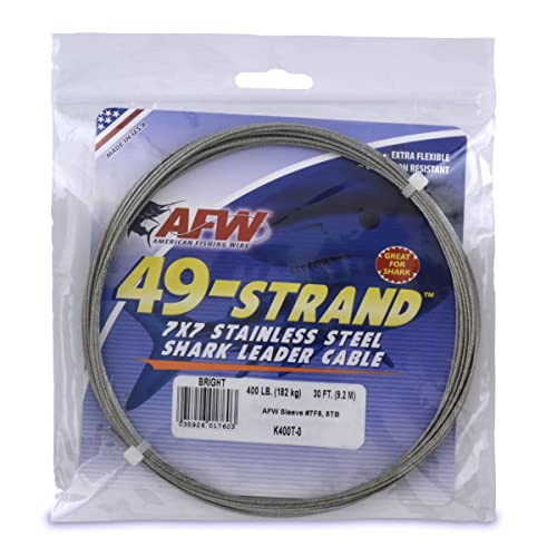American Fishing Wire 49 Strand, 7x7 Stainless Steel Shark Leader Cable, 400 lb / 182 kg Test, .054 in / 1.37 mm Dia, Bright, 30 ft / 9.2 m