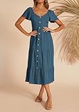 KIRUNDO Women's Summer Midi Dress Comfy Linen Button V Neck Ruffle Short Sleeve Swing A Line Midi Sundress Spring Fashion Casual Party Dresses(Blue, Small)