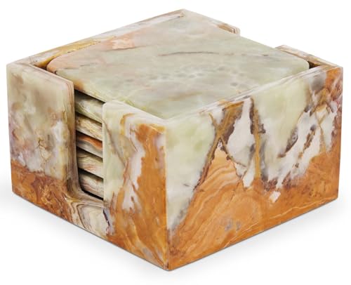 Marble Coasters Set of 6 Green Onyx 3.5 Inch Square Coaster for Drinks with Holder, Drink Coaster for Tabletop & Coffee Table Decor, Ideal Home Decor House Warming Gifts