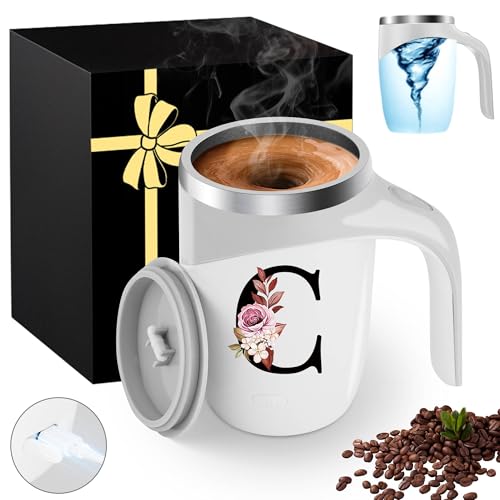 Personalized Initial Magnetic Stirring Coffee Mug Stainless Travel Cup Stainless Steel Leackproof Cup Camping Taza Cafe Regalos Cumpleaños Mujer Mama Abuela Mi Novia Maestra 14 Febrero San Valentín,C