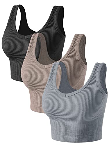Womens Crop Tops Basic Sleeveless Both V-Neck and Round Neck 3 Pieces Black White Ribbed Seamless Casual Cami Tank Tops(P055 Bl/Gr/Kh S)