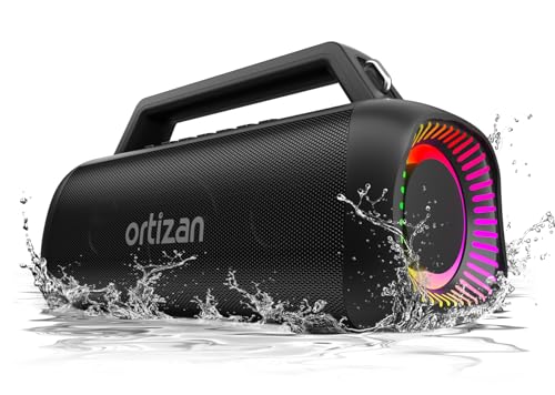 Ortizan Portable Bluetooth Speaker Loud, 80W Peak, Bass Up, 20H Playtime, IPX7 Waterproof, RGB Lights, Wireless Stereo Pairing, BT5.3, USB-C, Subwoofer Outdoor Speaker for Camping, Beach, Backyard