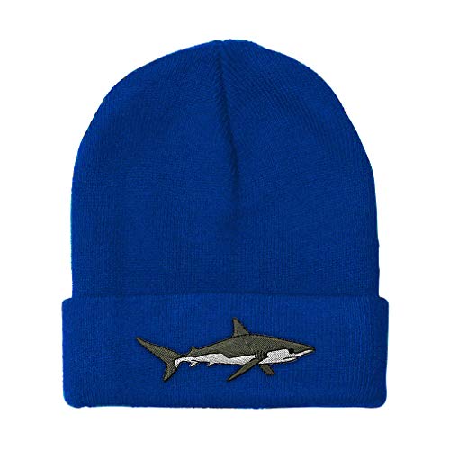 Beanies for Men Shark Embroidery Ocean and Killer Shark Embroidery Winter Hats for Women Acrylic Skull Cap 1 Size Royal Blue Design Only