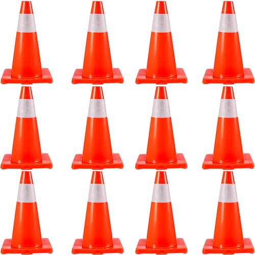 VEVOR 12Pack 18" Traffic Cones, Safety Road Parking Cones PVC Base, Orange Traffic Cone with Reflective Collars, Hazard Construction Cones for Home Traffic Parking