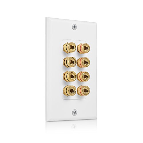 Cable Matters Speaker Wire Wall Plate, Gold Plated Speaker Wall Plate with Banana Plug Binding Post for 4 Speakers, White