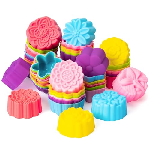 R HORSE Silicone Cupcake Liners Molds - 60Pcs 2 Inch Mini Size Colorful Floral Shaped Baking Cups, Non-Stick Cupcake Wrappers Holders Reusable Muffin Cups Liners for Pan Oven Microwave Dishwasher