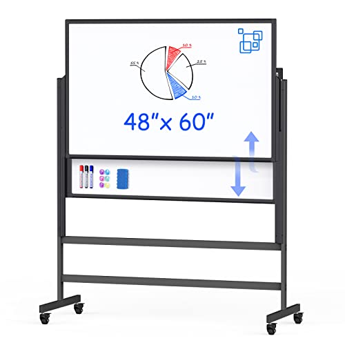 Dry Erase Whiteboard Height Adjustable, 48 x 60 inches Large Standing Easel White Board on Wheels, 4‘x5' Mobile Double-Side Magnetic Rolling White Board for Office Home Classroom School, Black