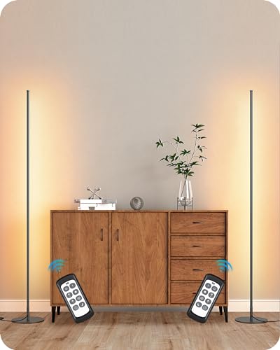 EDISHINE LED Corner Lamp, Set of 2 Minimalist Dimmable Tall Light with Remote, 57.5" Floor Lamps for Living Room, Bedroom, Home Office, 7 Color Temperature 2700-6000K (Black)