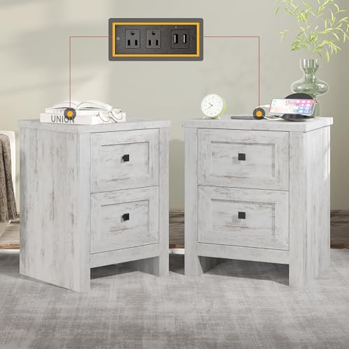 AMERLIFE Large Nightstand Set of 2 with Charging Station, Bedside Table with USB Ports and Outlets, Farmhouse Wood End Table for Bedroom, Living Room, Distressed White