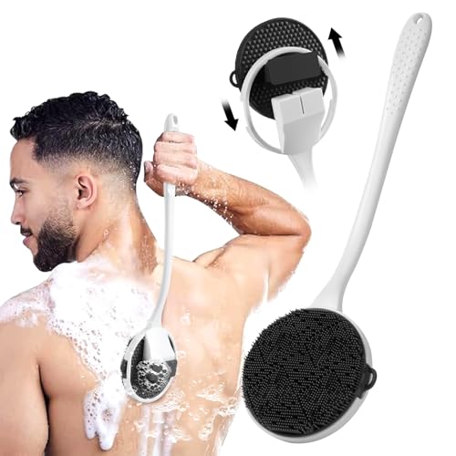 Silicone Back Scrubber for Shower, New Update Detachable Long Handle Body Brush, Loop Fin Bristles Loofah for Gentle Exfoliating, Deep Cleansing for All Skin Types, Shower Essential for Men and Women