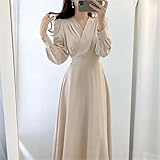 Women Korean Chic Vintage Dresses V-Neck High Waist Thin Elegant Temperament Long-Sleeved Knee-Length Dress Apricot XL