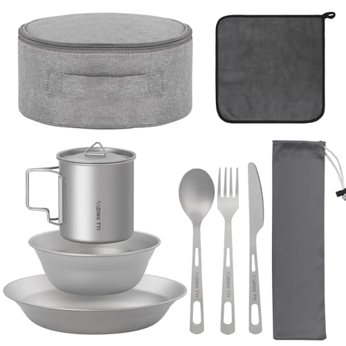 ZING TTI Titanium Dinnerware Set, 8-Piece Camping Dinnerware Kit, Titanium Bowl, Plate, Cup, Fork, Spoon, and Napkin, Includes Storage Bag, for Backpacking, Camping, Hiking, and Picnics
