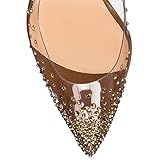 FSJ Women Studded Pointed Toe Transparent Pumps High Heels Shoes with Rhinestones Size 9 Brown-2