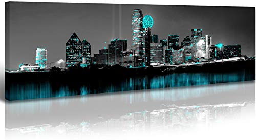 Dallas Skyline Wall Art Framed Black and White Posters USA City Canvas Decor Paintings Aqua Green Teal Skyscrapers Cityscape Night Scene Pictures for Home Modern Artwork Living Room Decorations