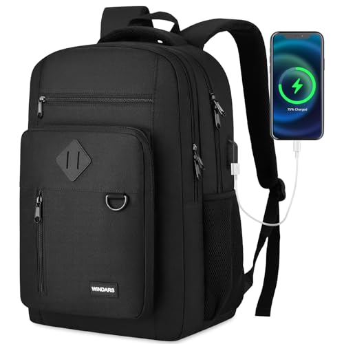 WINDARS Backpack for Men and Women, Casual School Backpack Teen Boys and Girls Lightweight 17.3 Inch Laptop Bookbag with USB Charger for College Work Travel (Black)